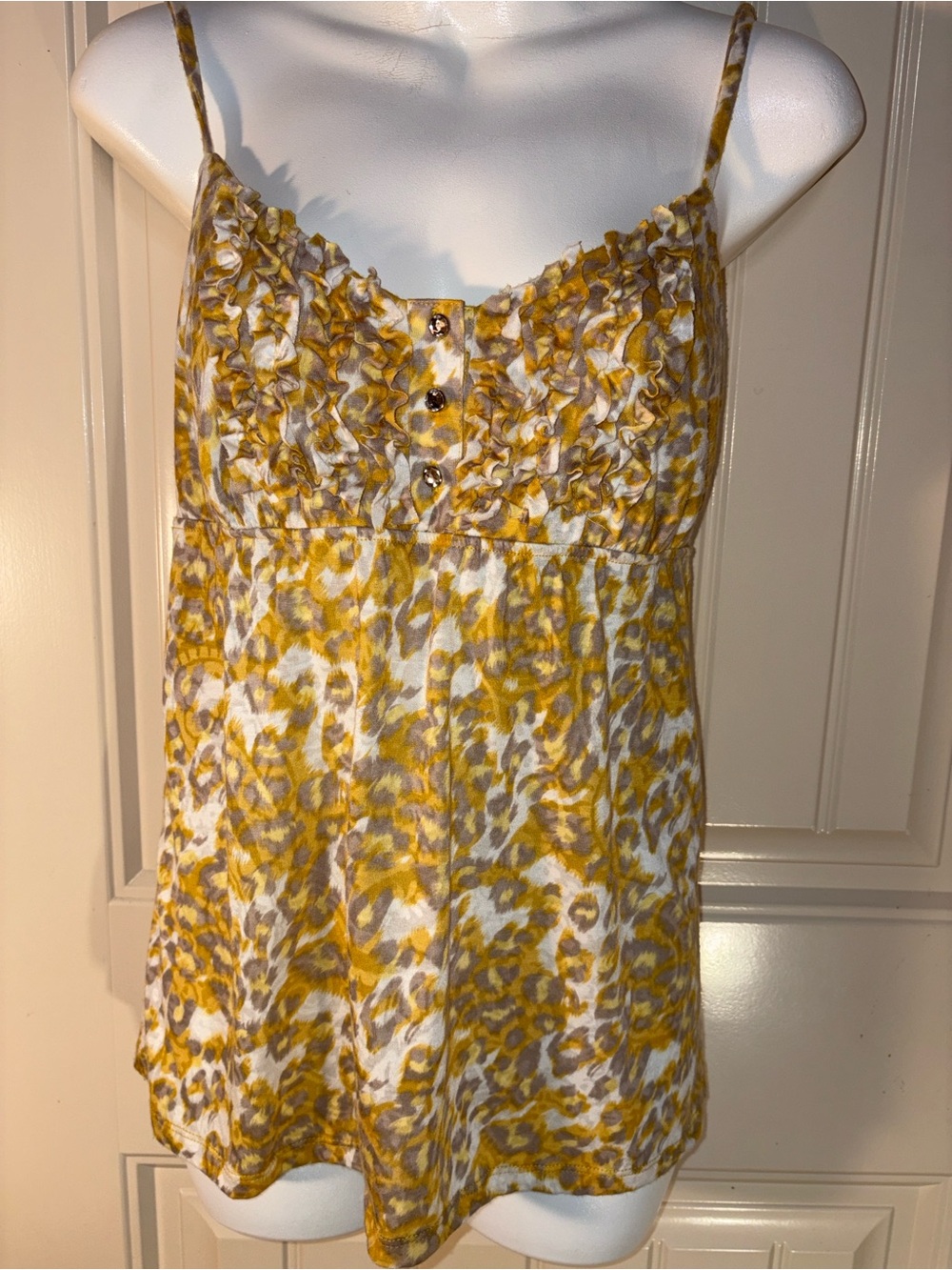 INC International Concepts Yellow & White Printed Spaghetti-Strap Camisole EUC